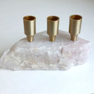 Gorgeous Real Pink Quartz & Brass Taper  Candle Holder (Fits 3 Candles/ Tapers)